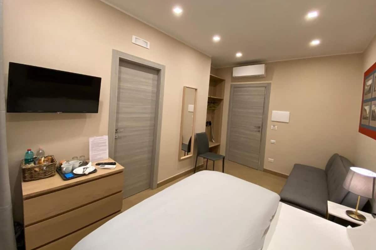 A hotel room with a bed, a desk with a chair, a flat-screen TV, a wardrobe, and a mirror.