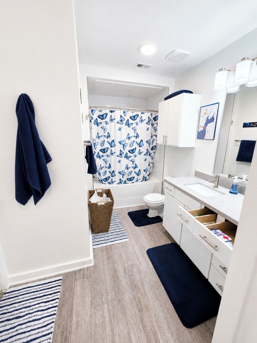 Hair dryer, towels, soap, toilet paper