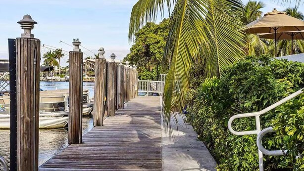 A wooden dock leading to a marina with boats, palm trees, and a concrete pathway. - 2BR Condo Near Fort Lauderdale Boat Show (FLIBS) (Pompano Beach)