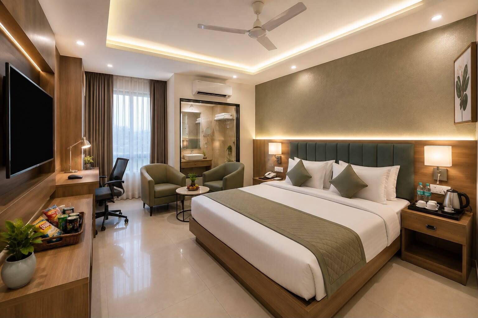 A hotel room with a large bed, two armchairs, a desk with a flat-screen TV, a small table with a fruit bowl, and a nightstand with a lamp and a coffee maker.