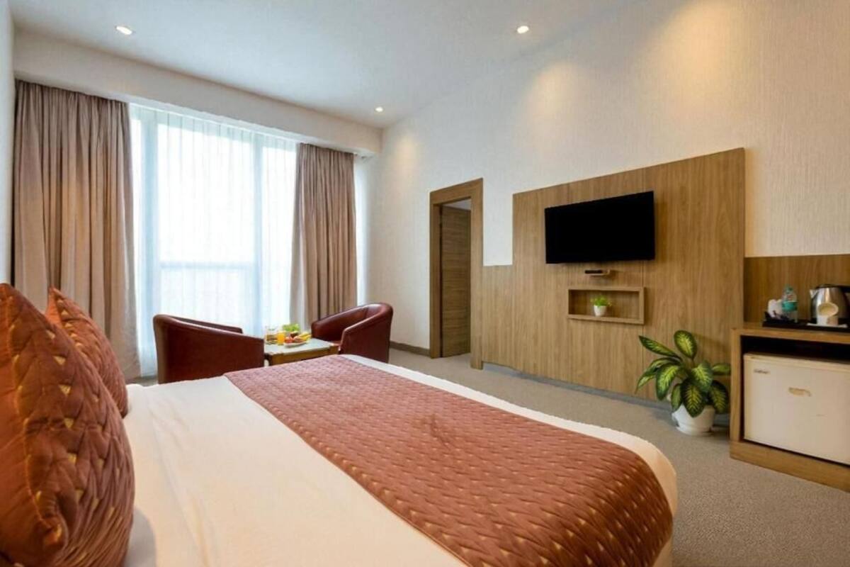 Una habitación de hotel con una cama grande, un televisor montado en la pared, un escritorio con una silla y una planta en maceta.