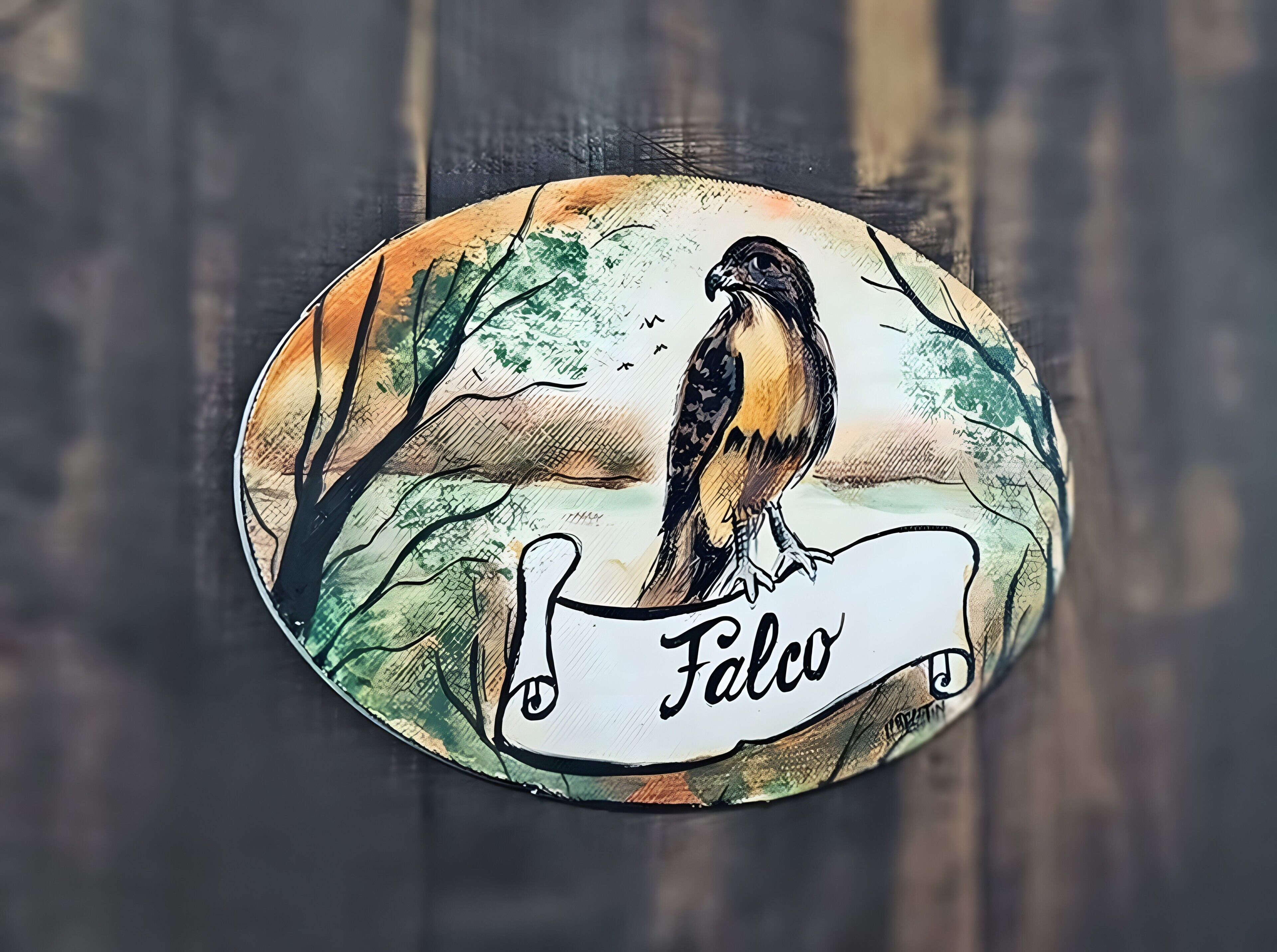 Un cartello ovale con un'illustrazione di un uccello e la scritta 'Falco'.