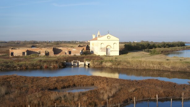 Un edificio con un campanile, circondato da acqua e vegetazione.