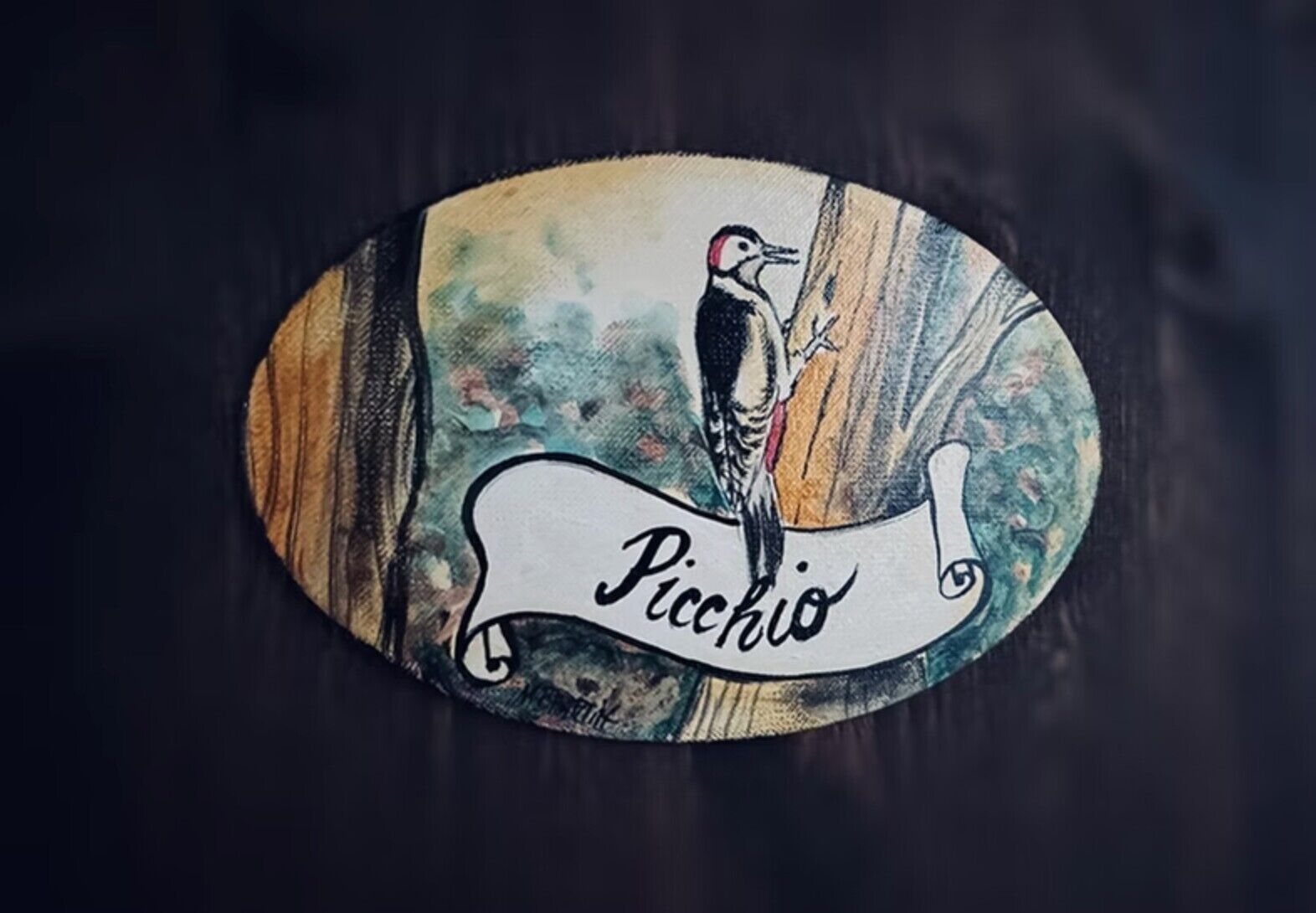 Ein ovales Objekt mit einer Vogelillustration und dem Wort 'Picchio'.