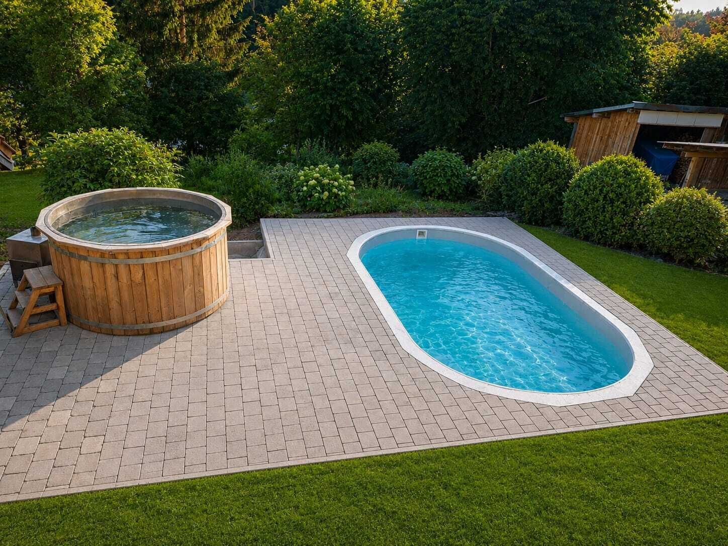 Ein rechteckiger Pool mit einer Holztonne und einer Pflasterterrasse.