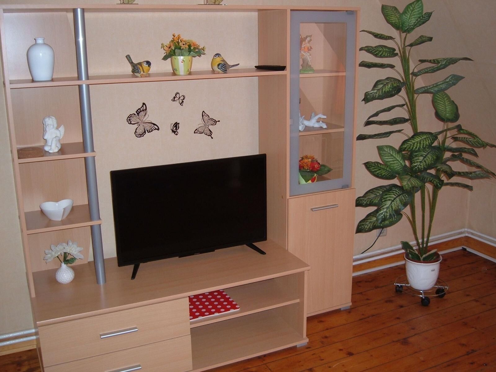 Uma estante de madeira com uma TV de tela plana, objetos decorativos e um vaso de planta.