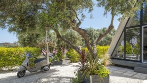 A garden area with a scooter, a decorative metal structure, and a planter with plants. - A truly distinctive retreat where contemporary design,natural beauty. (Chania)