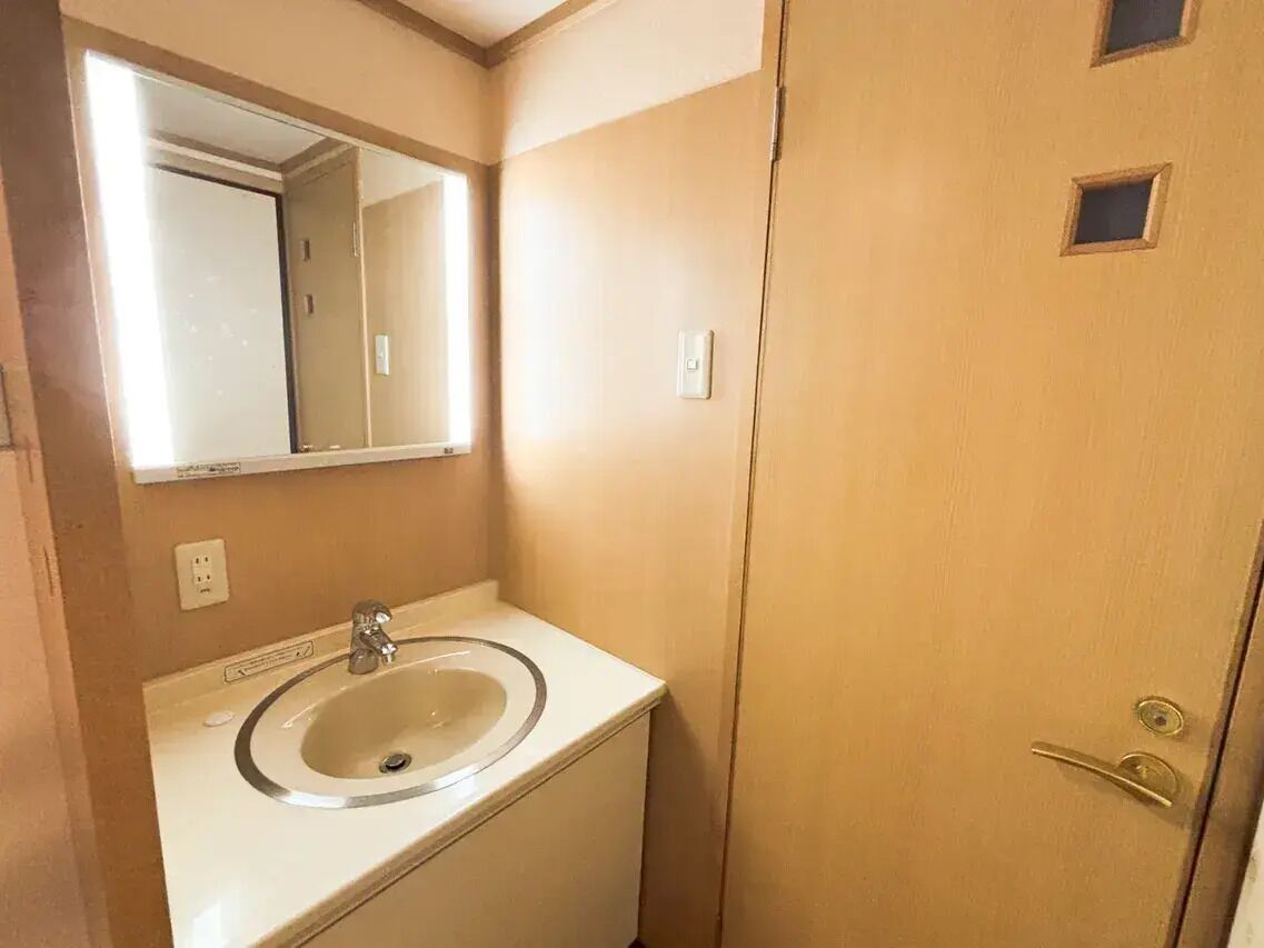 A bathroom with a sink, mirror, and a door with a handle.