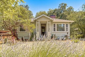 A single-story house with a front porch, surrounded by a garden with tall grasses and trees.