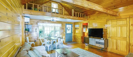 TV, fireplace, books
