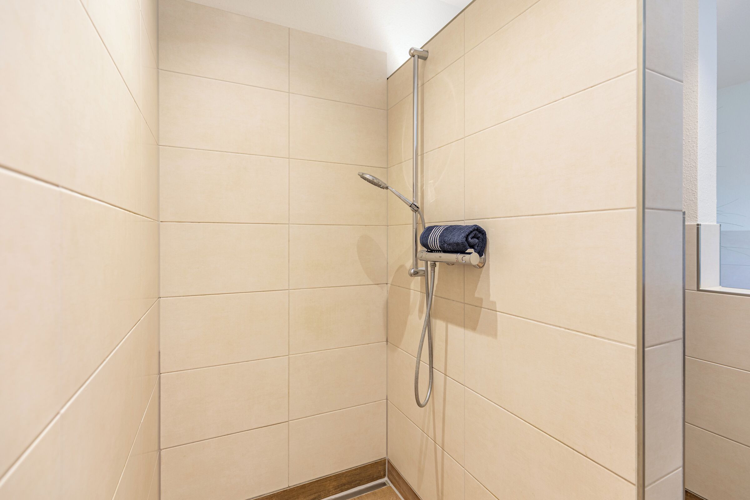 Une douche avec un pommeau de douche amovible et un porte-serviettes.