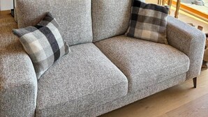 A cozy living room with a grey sofa, two plaid throw pillows, a fireplace, and a deer sculpture. - The Black Stag: Finnish sauna, mountain view, sleeps 8 (La Bresse)