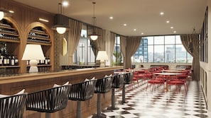 A bar area with a checkered floor, wooden bar counter, and red chairs. - Holiday Inn & Suites Tijuana Downtown by IHG (Tijuana)