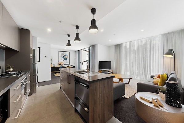 Three Bedroom Two Bathroom Deluxe Apartment with Balcony | Interior - Aerie Stays Wharf Collection (Docklands)