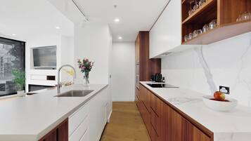 Deluxe Apartment (FW1203) | Private kitchen | Full-sized fridge, microwave, oven, stovetop