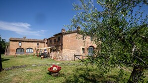 A stone building with a courtyard, a large tree, and a flower arrangement. - Beautiful Home With Pool in Toskana (Siena)