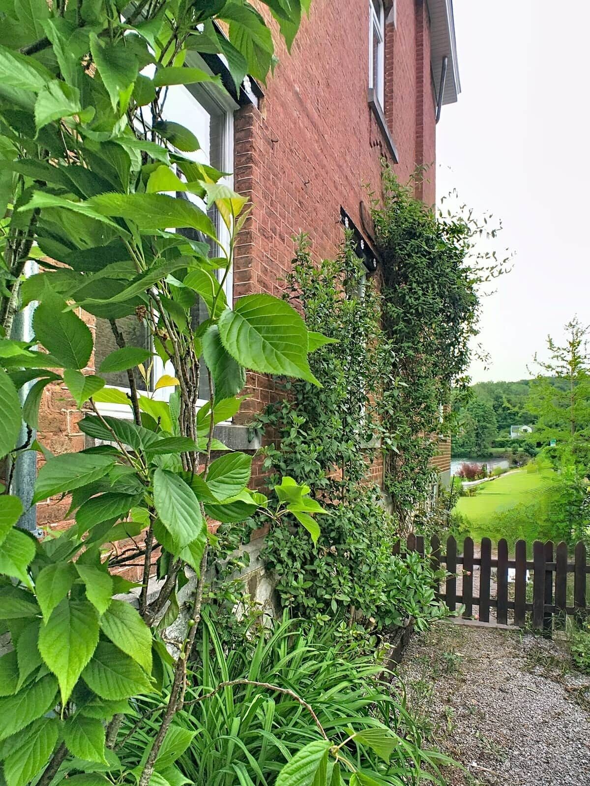 Un bâtiment en briques avec un chemin de gravier et une clôture en bois.
