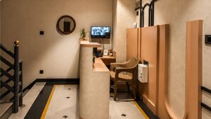 A reception area with a desk, a television, a mirror, and a staircase. - The Luxury Tiger at Lake Pichola (Udaipur)
