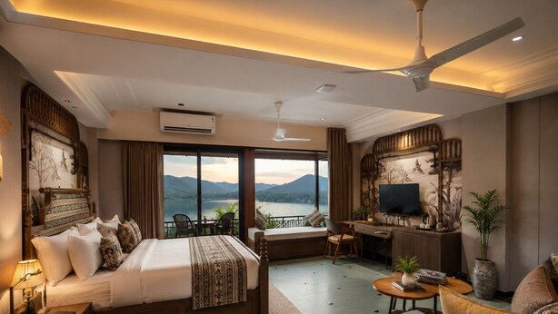 A hotel room with a bed, desk, seating area, and a large window with a view of mountains. - The Luxury Tiger at Lake Pichola (Udaipur)