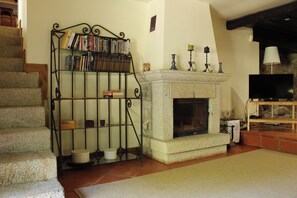 Un salon avec une cheminée, une bibliothèque et un téléviseur.