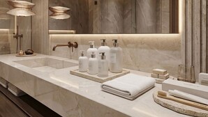 Towels, soap, shampoo, toilet paper