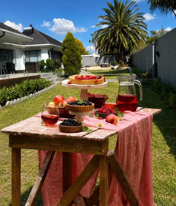 A picnic setup with a table, fruit, and a pitcher of red drink.