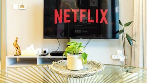 Moderni olohuone, jossa on seinälle asennettu taulutelevisio, jossa näkyy Netflixin logo, lasipöydällä on ruukkukasvi ja hyllyllä pieni patsas.