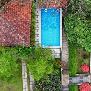 A rooftop pool with a blue water feature, surrounded by greenery and a red-tiled roof.