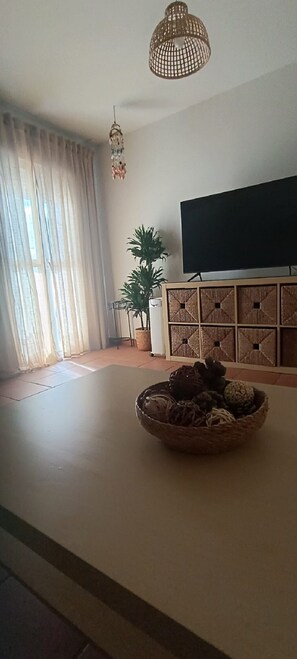 Ein Wohnzimmer mit Fernseher, einer Pflanze, einer dekorativen Schale und einer Pendelleuchte.