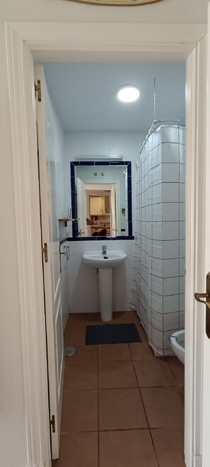 Ein Badezimmer mit Waschbecken, Spiegel und Duschvorhang.