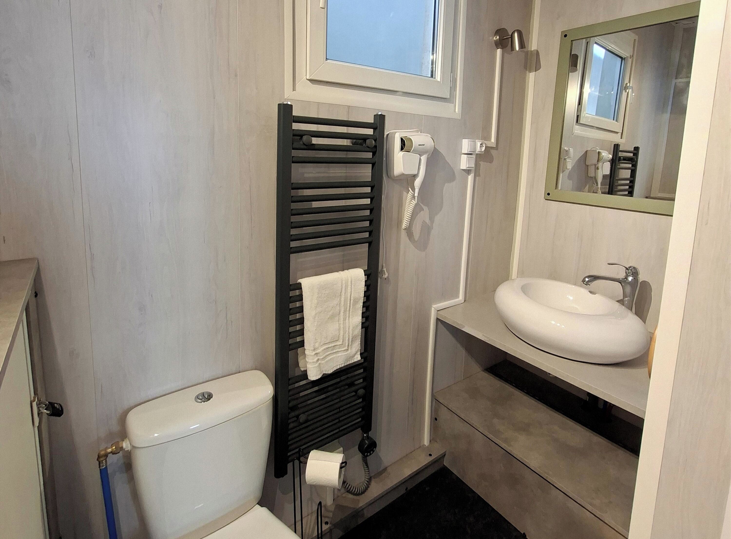 Un baño con inodoro, toallero, lavabo, espejo y ventana.