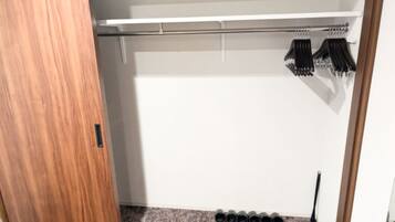 A closet with a wooden door, a shoe rack, and a shoe shelf.