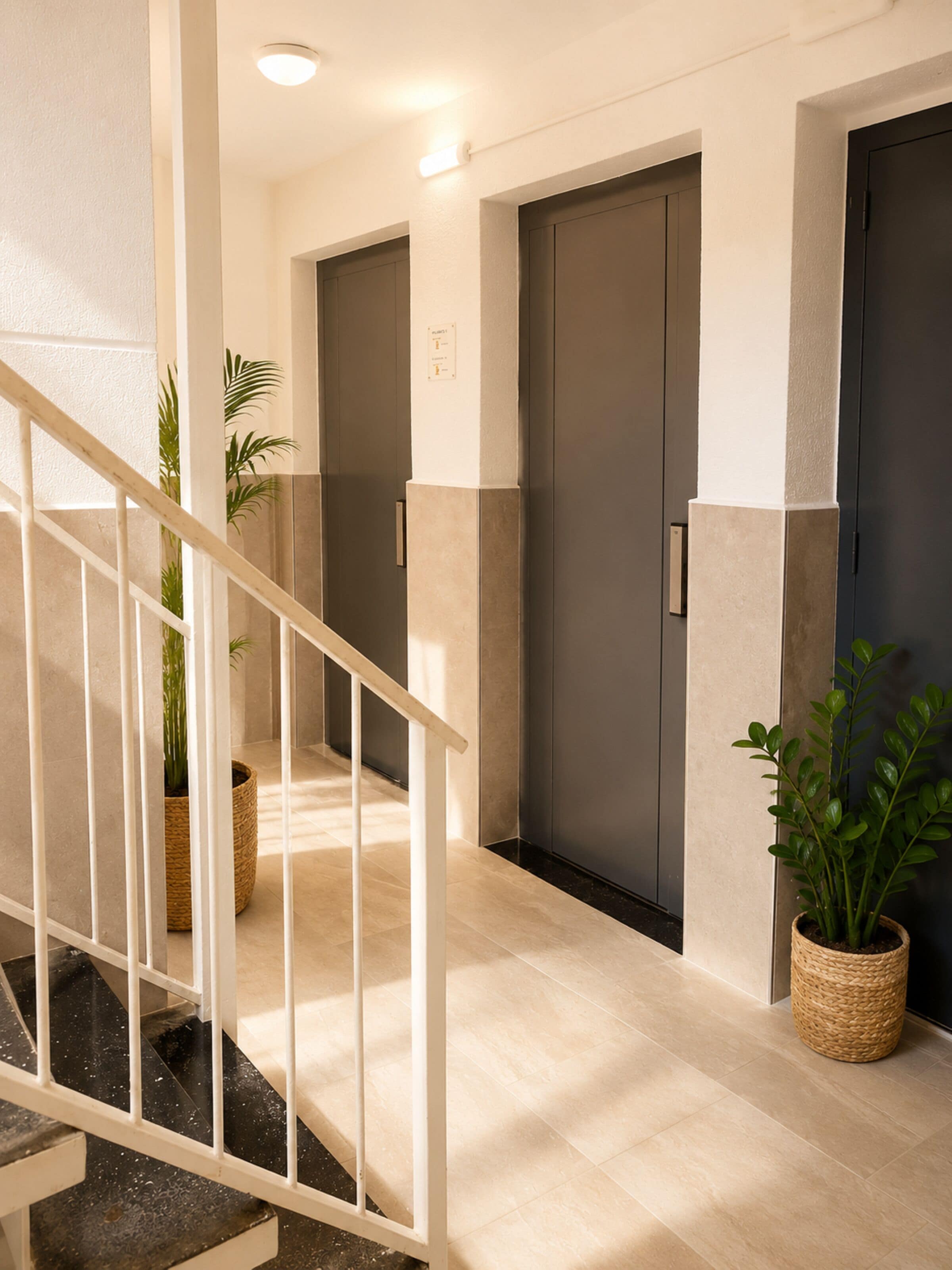 A modern hotel hallway with a staircase, doors, and potted plants.