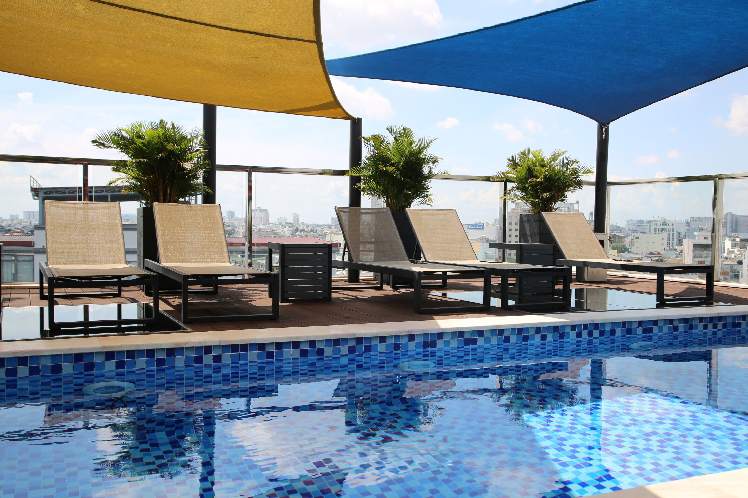 Outdoor pool, pool umbrellas, pool loungers