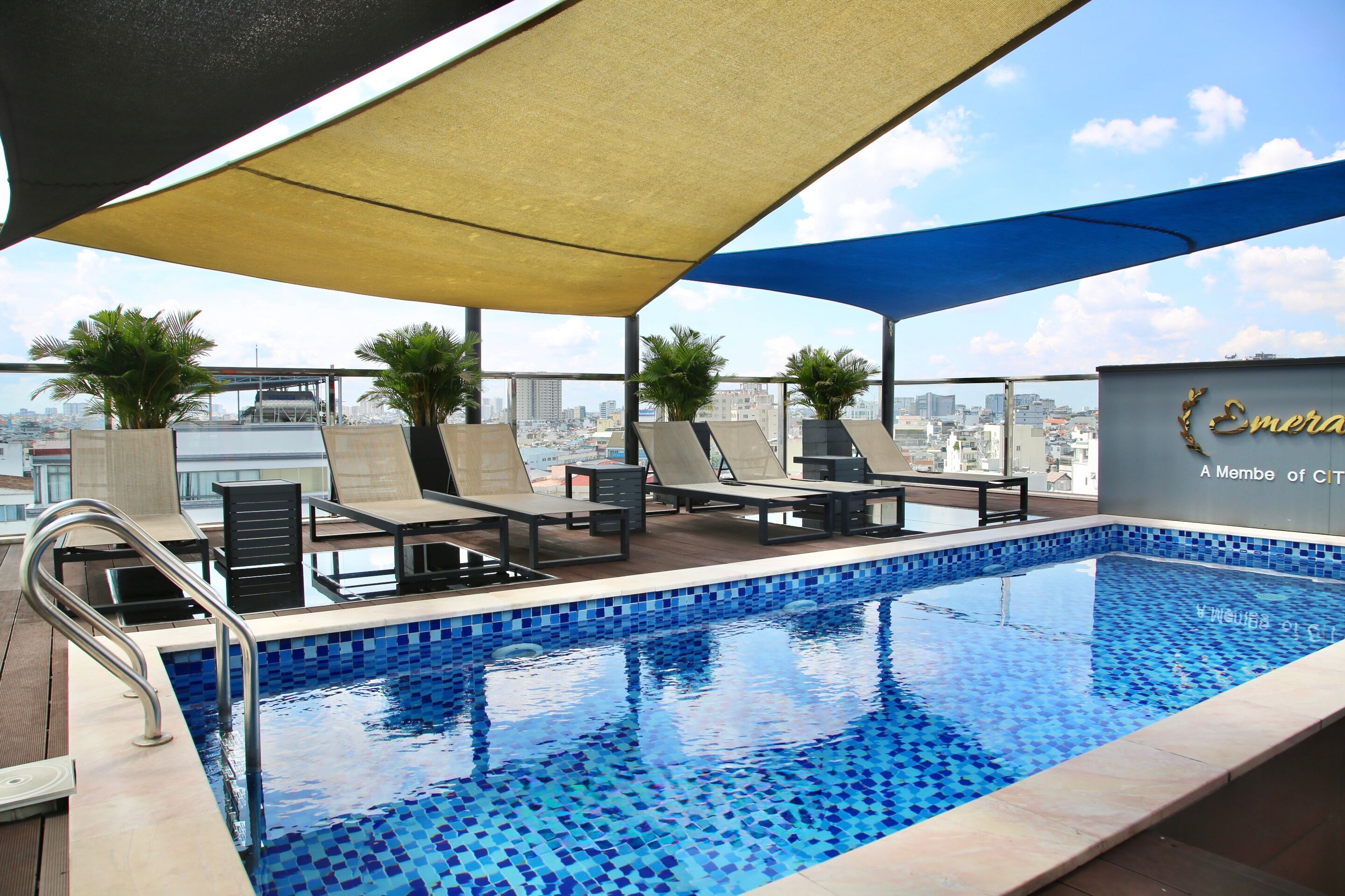 Outdoor pool, pool umbrellas, pool loungers