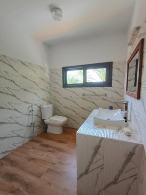 Chuveiro, toalhas de banho, sabonete, papel higiênico