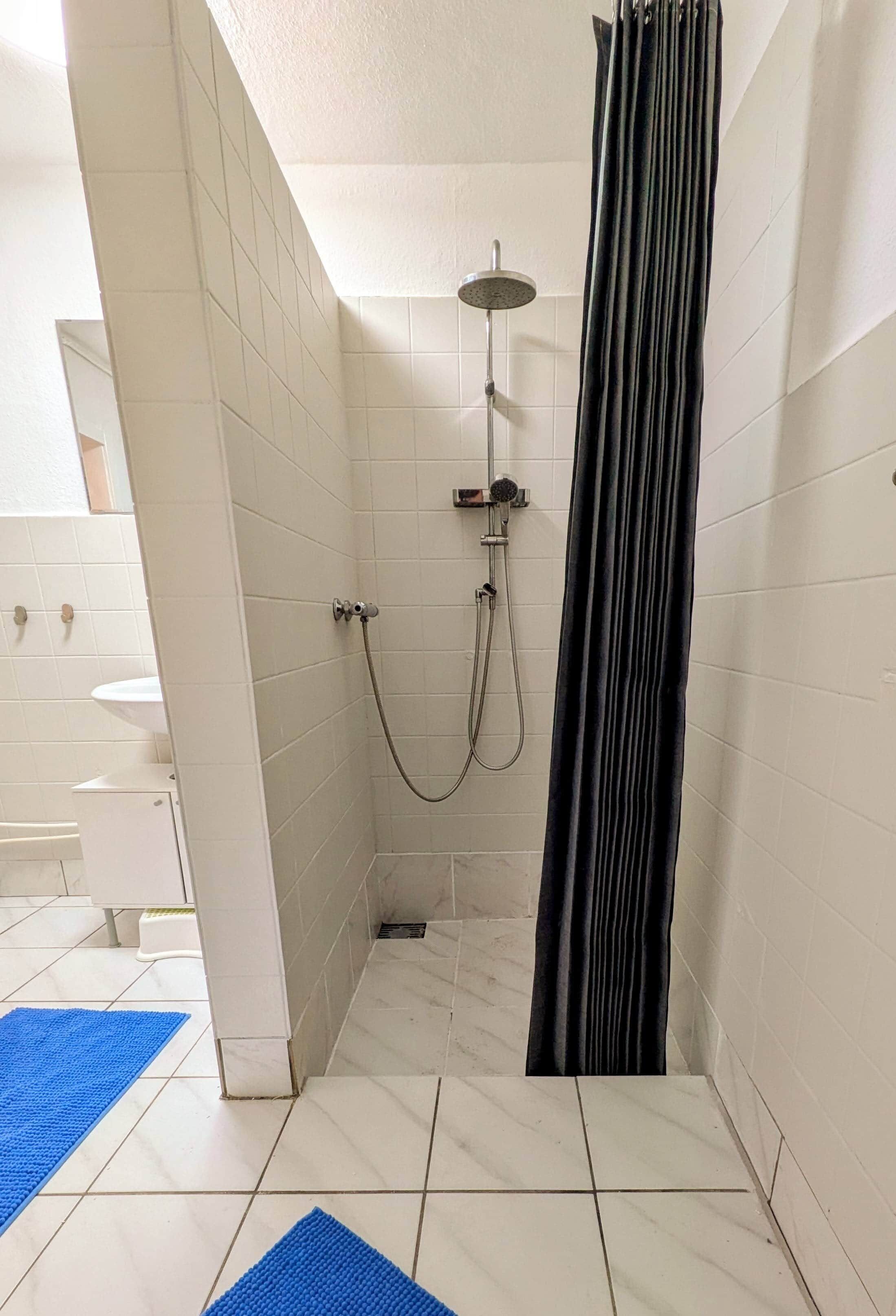 Dusche, Haartrockner, Handtücher, Toilettenpapier