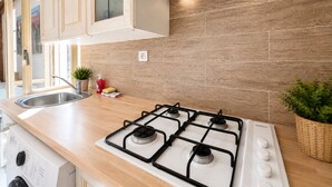 A modern kitchen with wooden cabinets, a gas stove, a sink, and a small plant.