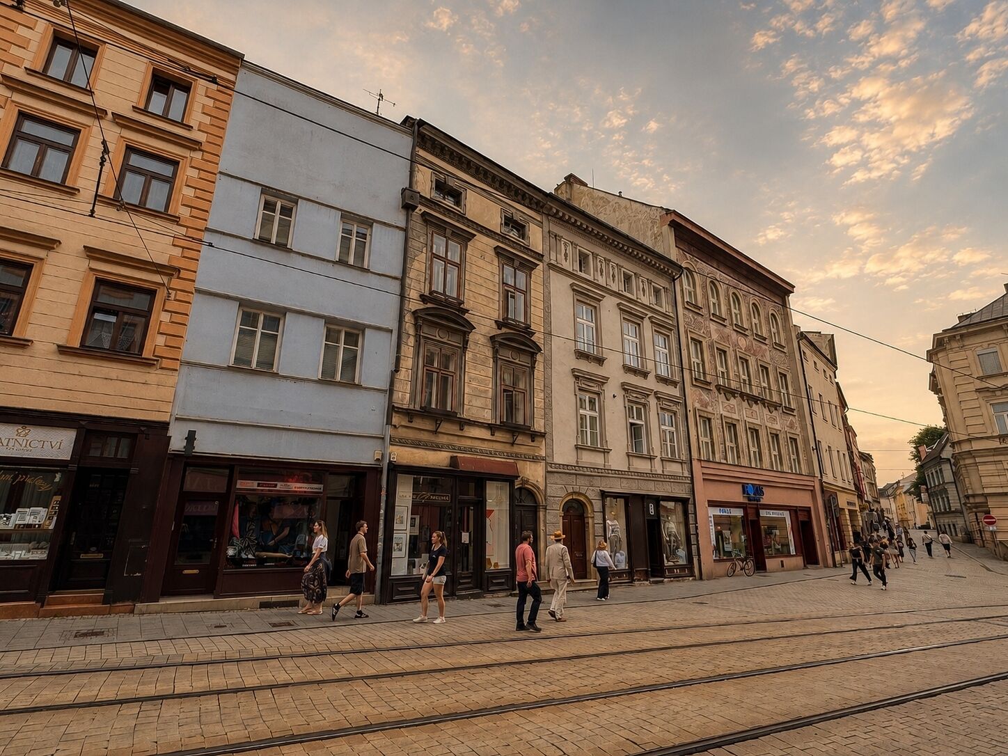En gata med historiska byggnader, butiker och människor som promenerar.
