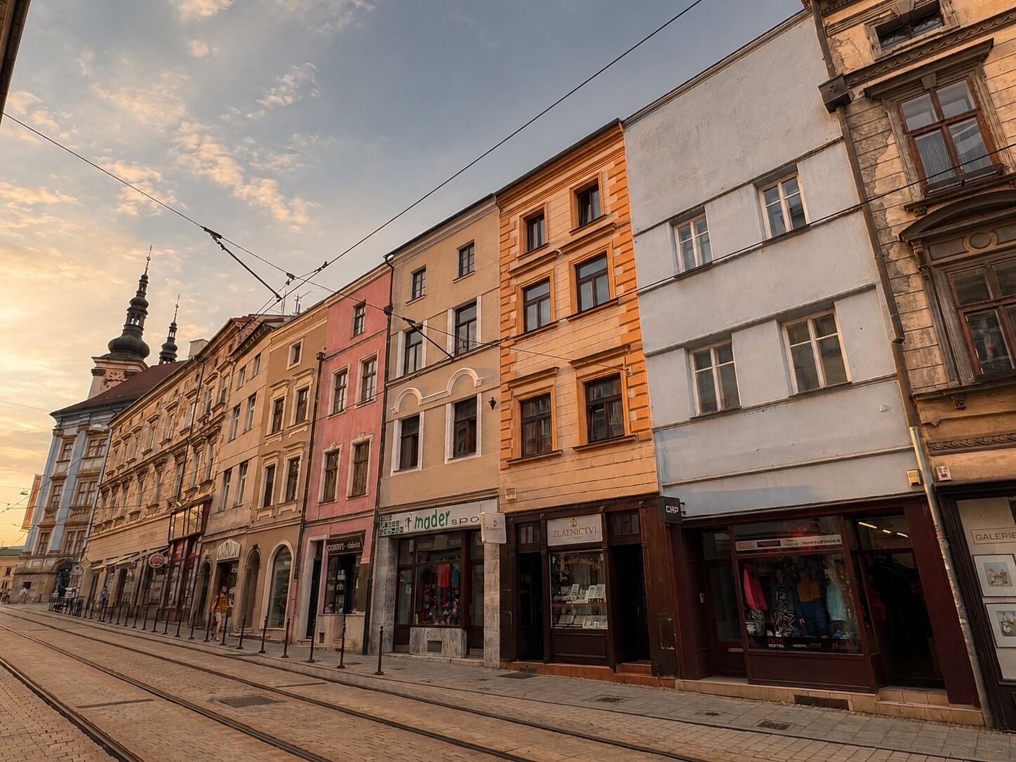 En rad med fler våningar höga byggnader, där bottenvåningen inrymmer butiker, inklusive en väl synlig butik med en skylt som visar texten ”ZLATNICTVI”.
