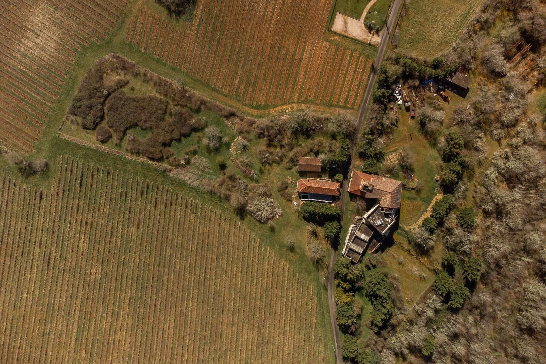 Vista aérea de una propiedad rural con campos, una casa de campo y un camino.