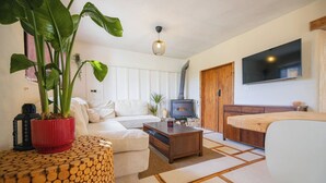Ein Wohnzimmer mit einer Couch, einem Couchtisch, einem Fernseher und einem Kamin.