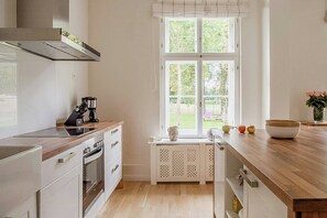 Eine moderne Küche mit Kochinsel, Backofen und großem Fenster mit Blick auf Grünflächen.