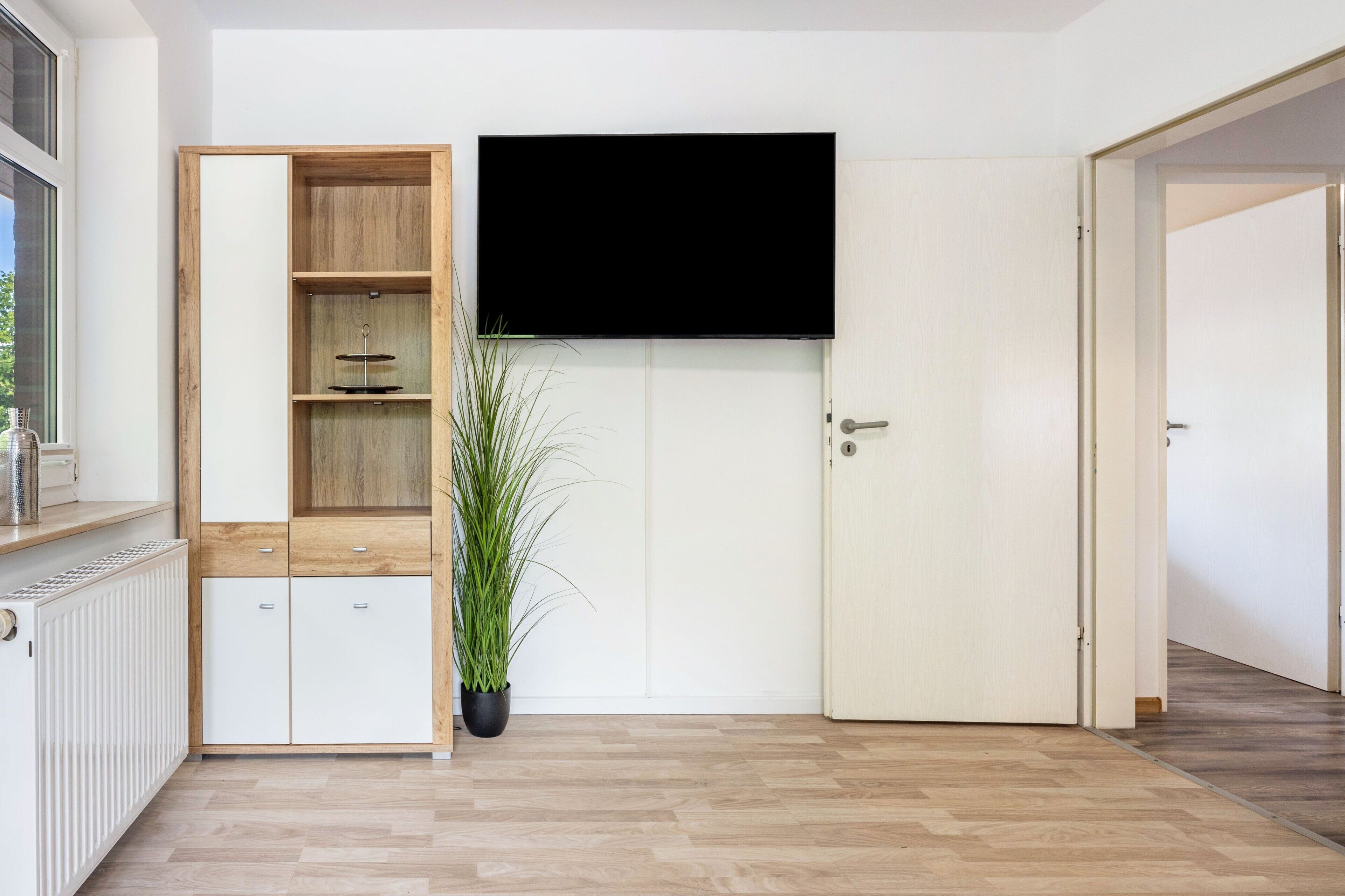 Een kamer met een houten kast, een potplant, een witte deur en een tv aan de muur.