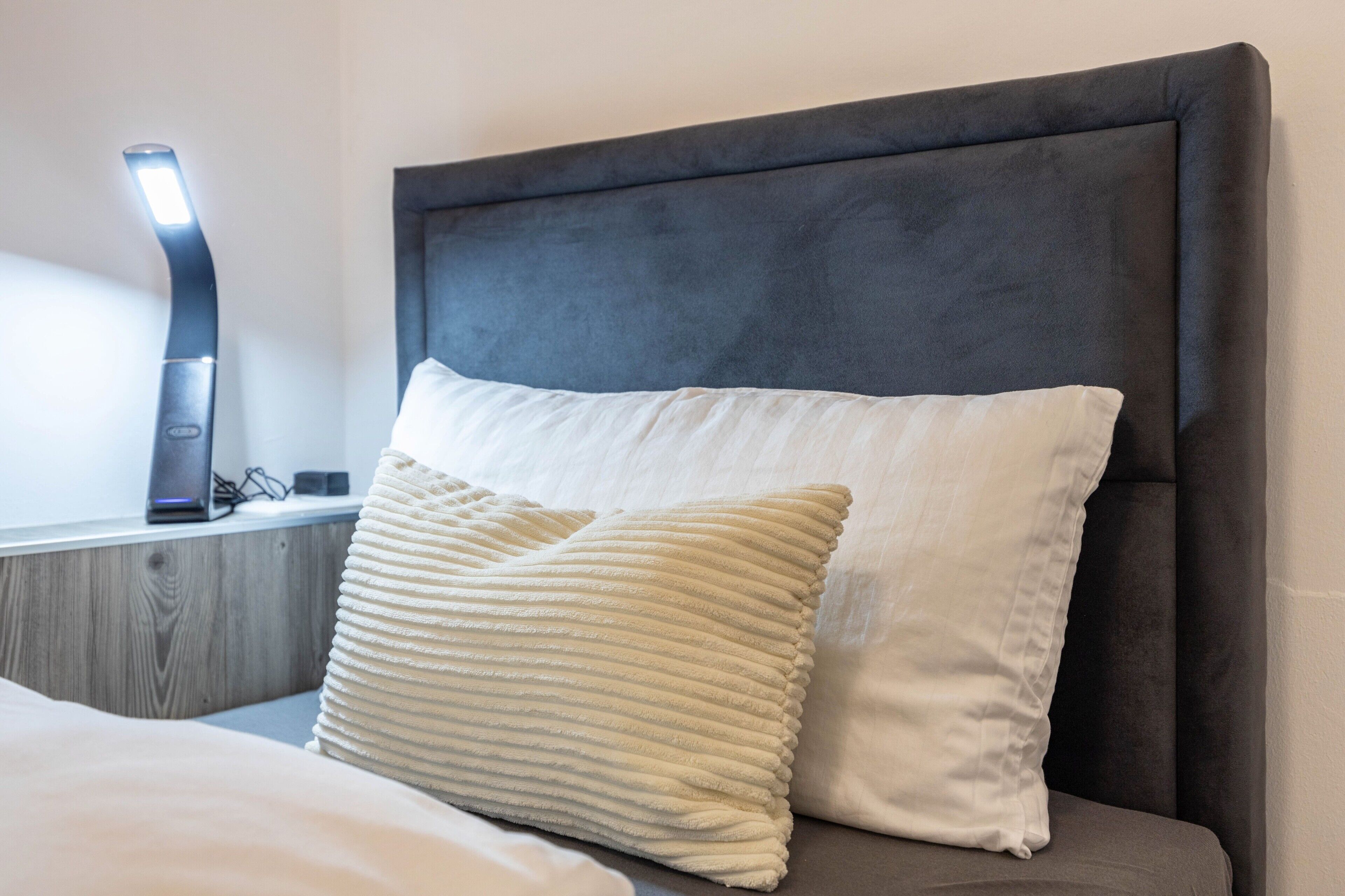 A bed with a dark headboard, two pillows, and a bedside table with a lamp.