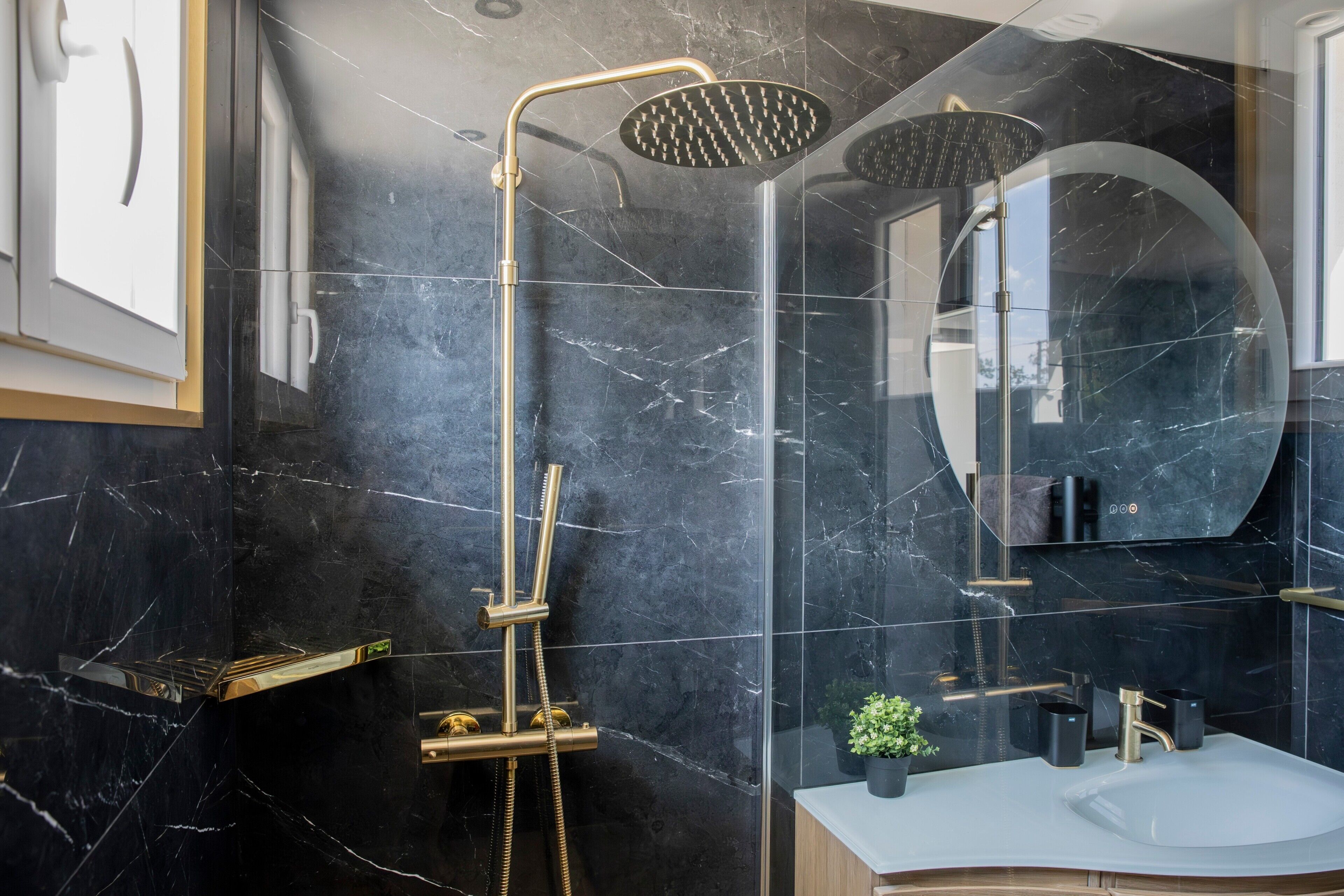 Shower, hair dryer, towels