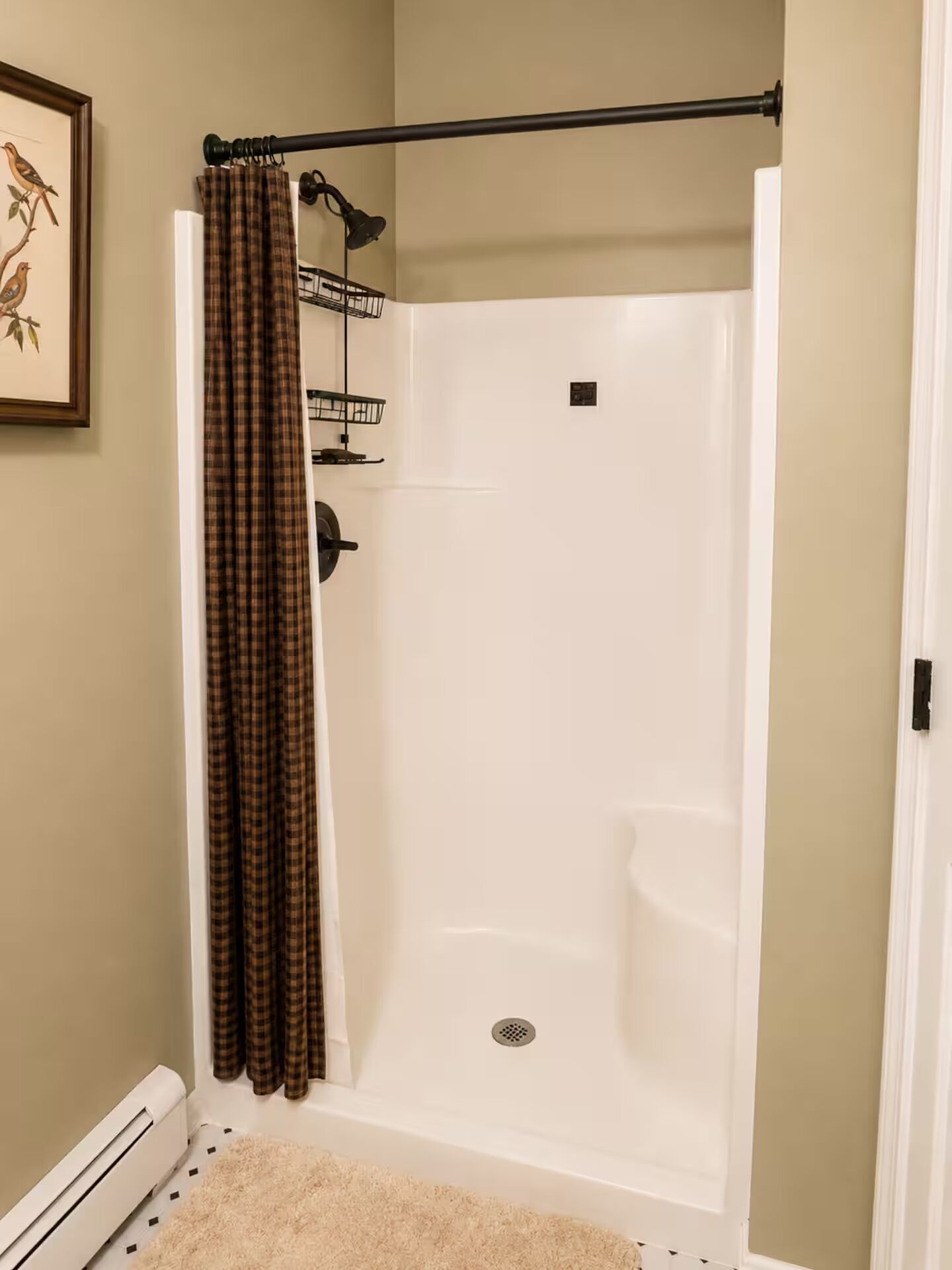 Une douche avec un rideau à carreaux, un porte-serviettes et un tableau encadré au mur.