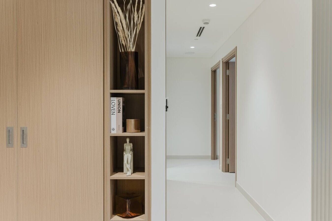 A hallway with a wooden wardrobe, a shelf with books and decorative items, and a door at the end.