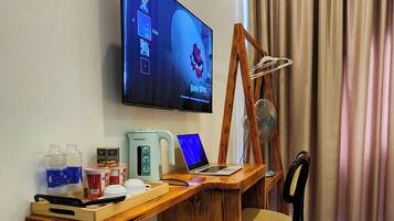 Desk, blackout curtains, iron/ironing board, free WiFi