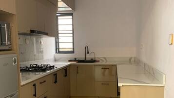 Deluxe Apartment | Private kitchen | Fridge, microwave, oven, stovetop